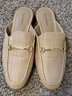 Villa Rouge Women's Natural Raffia Slip-On Mules with Gold Bit